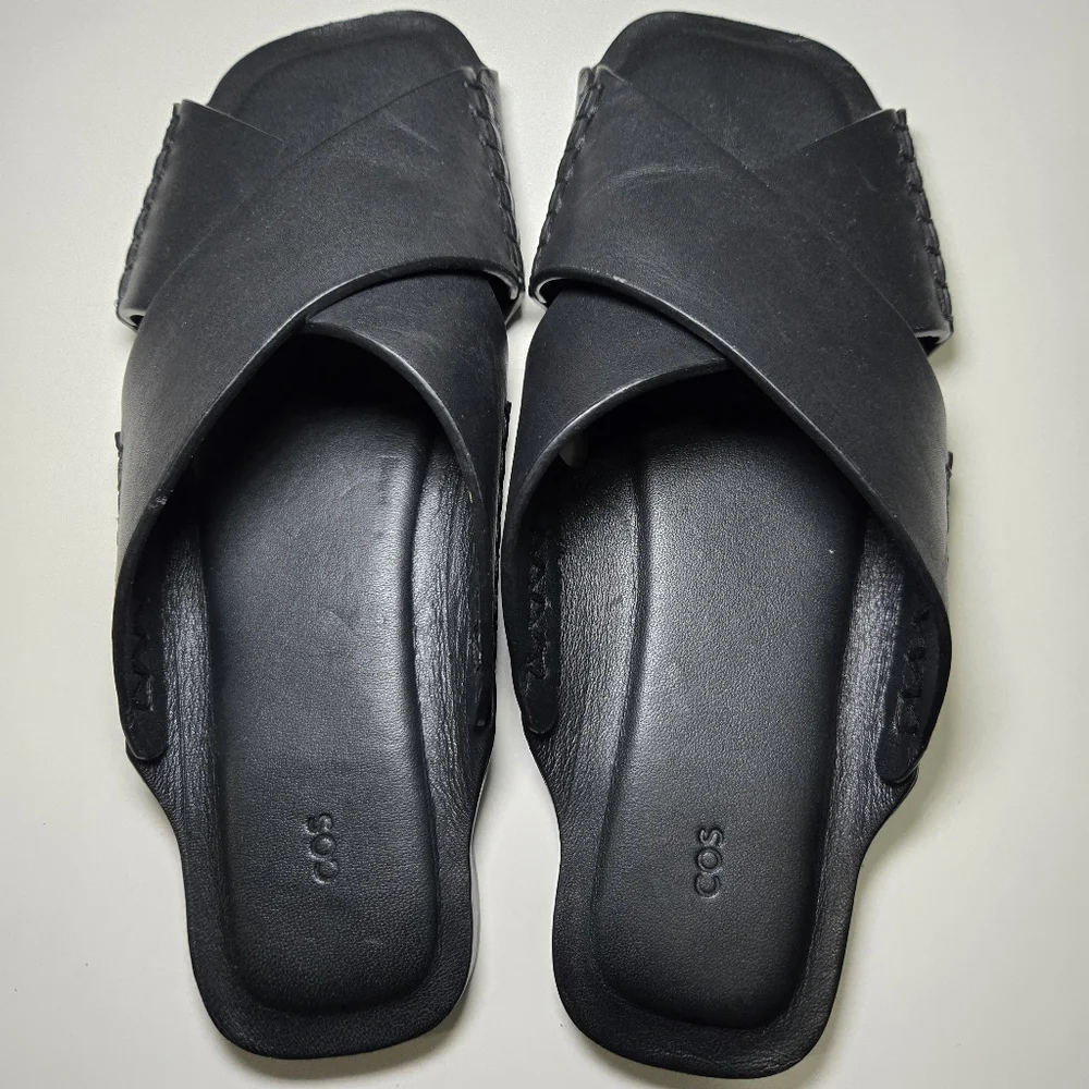 COS Womens Crossover Leather‎ Sandal Size 7.5 Black Slides Minimalist Staple - Picture 11 of 11